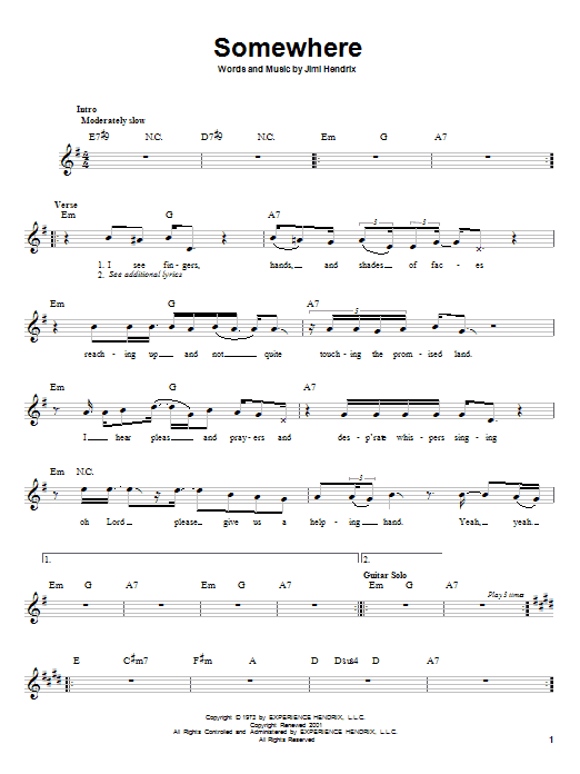 Download Jimi Hendrix Somewhere Sheet Music and learn how to play Melody Line, Lyrics & Chords PDF digital score in minutes