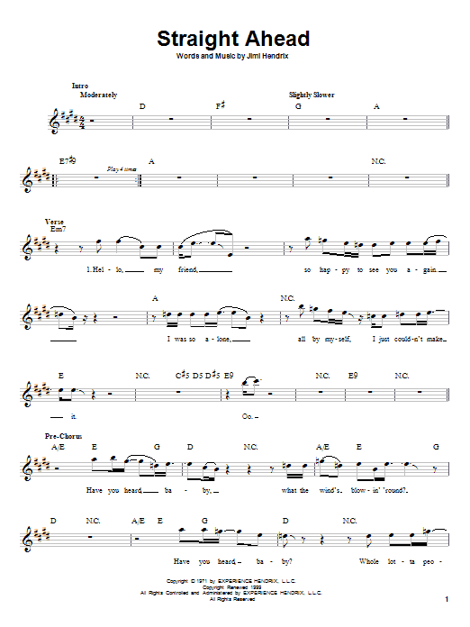 Download Jimi Hendrix Straight Ahead Sheet Music and learn how to play Melody Line, Lyrics & Chords PDF digital score in minutes