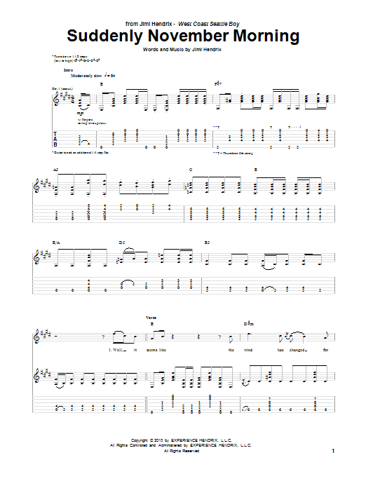 Download Jimi Hendrix Suddenly November Morning Sheet Music and learn how to play Guitar Tab PDF digital score in minutes
