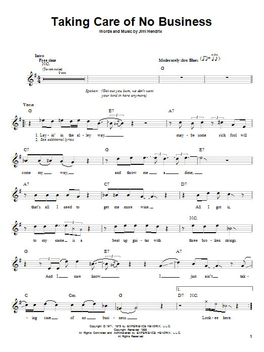 Download Jimi Hendrix Taking Care Of No Business Sheet Music and learn how to play Melody Line, Lyrics & Chords PDF digital score in minutes