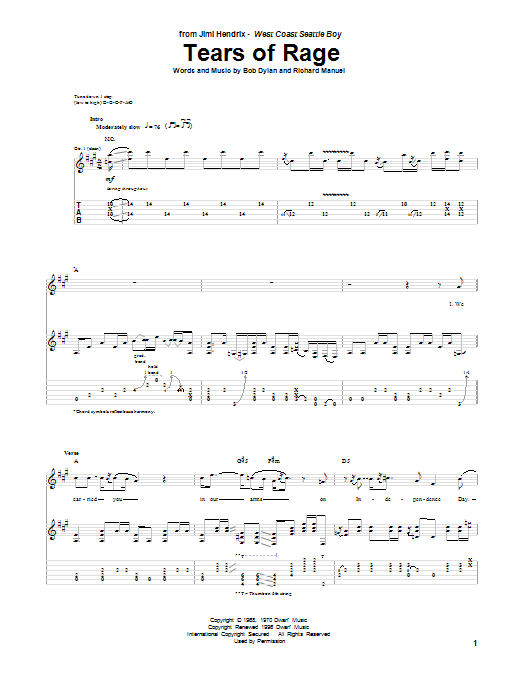 Download Jimi Hendrix Tears Of Rage Sheet Music and learn how to play Guitar Tab PDF digital score in minutes