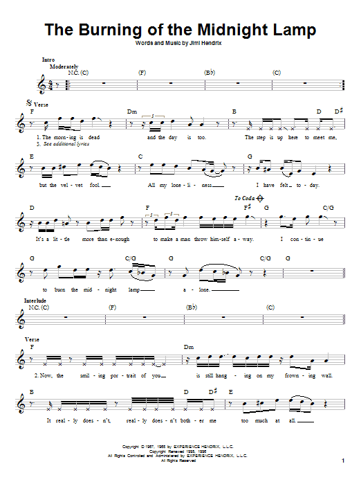 Download Jimi Hendrix The Burning Of The Midnight Lamp Sheet Music and learn how to play Melody Line, Lyrics & Chords PDF digital score in minutes