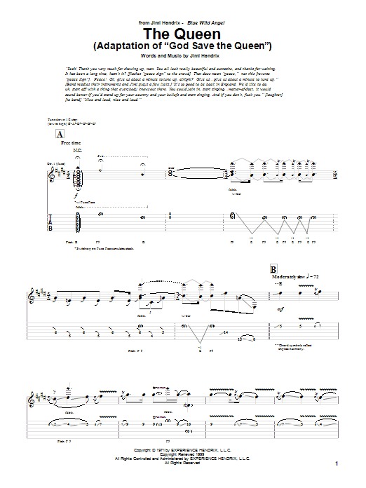 Download Jimi Hendrix The Queen (Adaptation of 'God Save The Queen') (Live) Sheet Music and learn how to play Guitar Tab PDF digital score in minutes