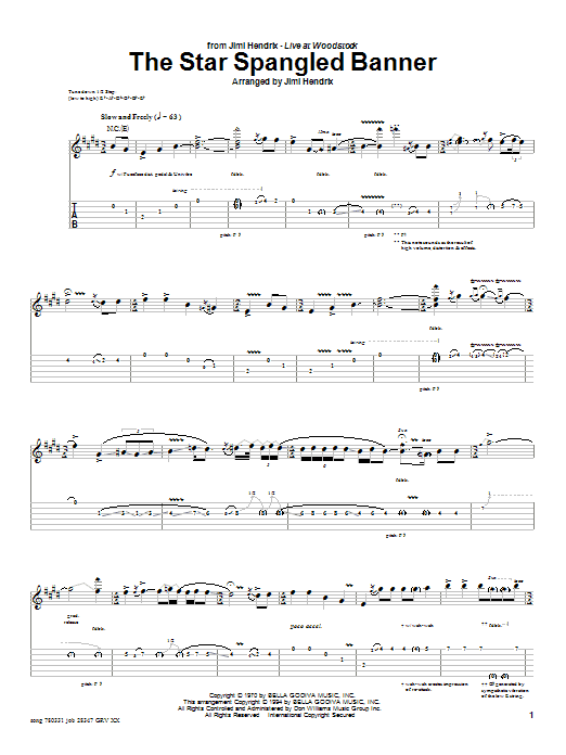 Download Jimi Hendrix The Star Spangled Banner (Instrumental) Sheet Music and learn how to play Guitar Tab PDF digital score in minutes
