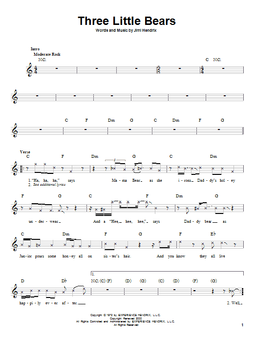 Download Jimi Hendrix Three Little Bears Sheet Music and learn how to play Melody Line, Lyrics & Chords PDF digital score in minutes