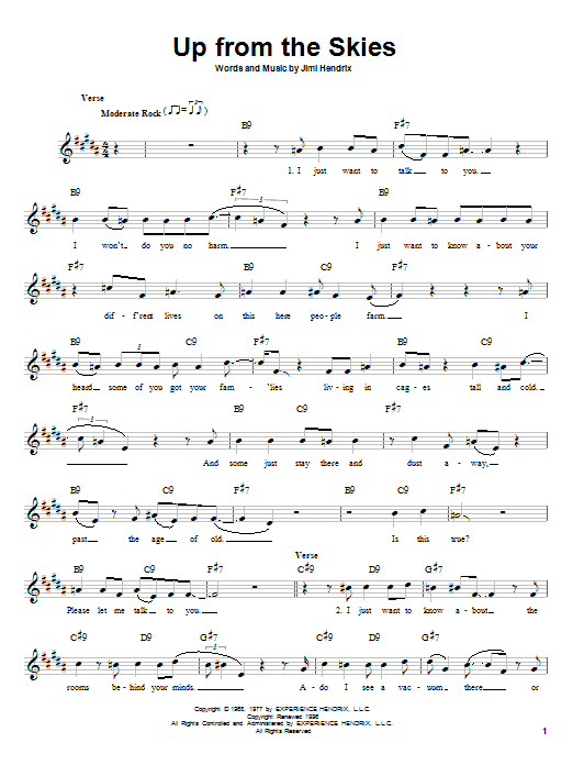 Download Jimi Hendrix Up From The Skies Sheet Music and learn how to play Melody Line, Lyrics & Chords PDF digital score in minutes
