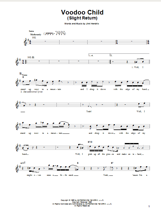 Download Jimi Hendrix Voodoo Child (Slight Return) Sheet Music and learn how to play Melody Line, Lyrics & Chords PDF digital score in minutes