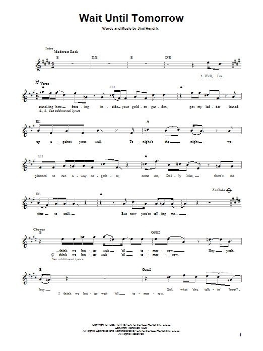 Download Jimi Hendrix Wait Until Tomorrow Sheet Music and learn how to play Melody Line, Lyrics & Chords PDF digital score in minutes