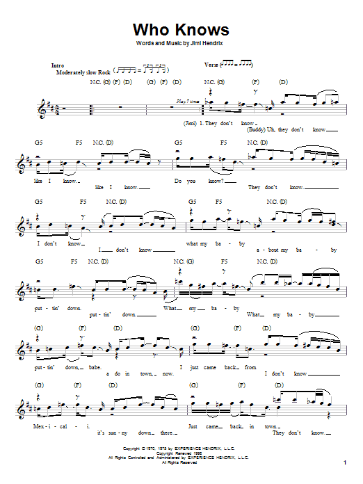 Download Jimi Hendrix Who Knows Sheet Music and learn how to play Melody Line, Lyrics & Chords PDF digital score in minutes