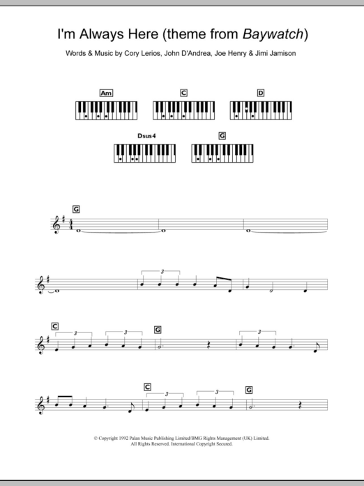 Download Jimi Jamison I'm Always Here (theme from Baywatch) Sheet Music and learn how to play Keyboard PDF digital score in minutes