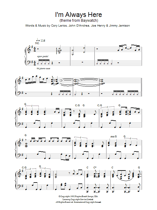 Download Jimi Jamison I'm Always Here (theme from Baywatch) Sheet Music and learn how to play Piano PDF digital score in minutes