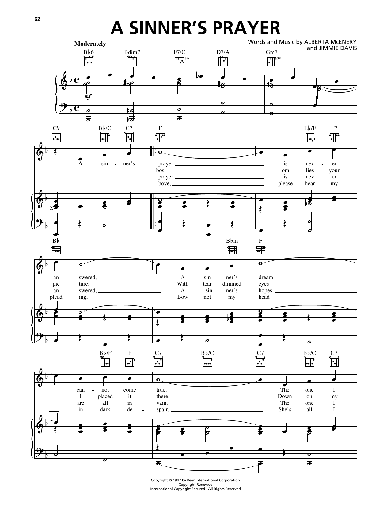 Download Jimmie Davis A Sinner's Prayer Sheet Music and learn how to play Piano, Vocal & Guitar Chords (Right-Hand Melody) PDF digital score in minutes