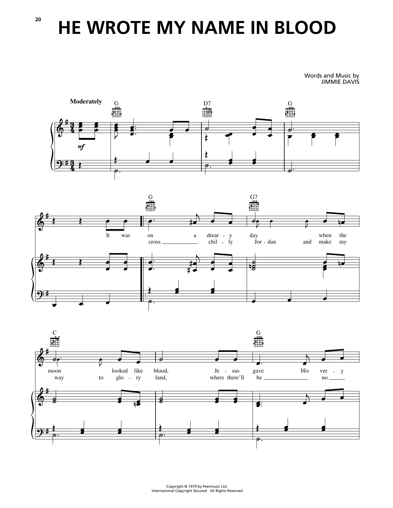 Download Jimmie Davis He Wrote My Name In Blood Sheet Music and learn how to play Piano, Vocal & Guitar Chords (Right-Hand Melody) PDF digital score in minutes