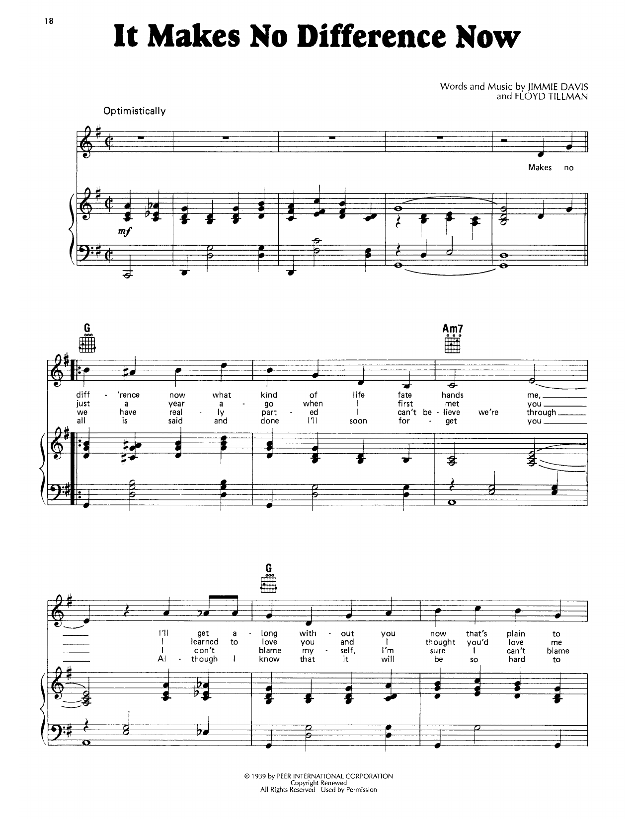 Download Jimmie Davis It Makes No Difference Now (from Louisiana) Sheet Music and learn how to play Piano, Vocal & Guitar Chords (Right-Hand Melody) PDF digital score in minutes