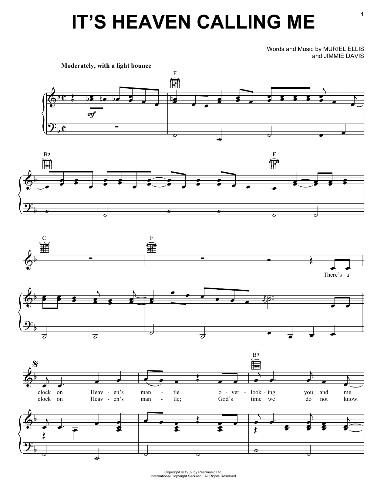 Download Jimmie Davis It's Heaven Calling Me Sheet Music and learn how to play Piano, Vocal & Guitar Chords (Right-Hand Melody) PDF digital score in minutes
