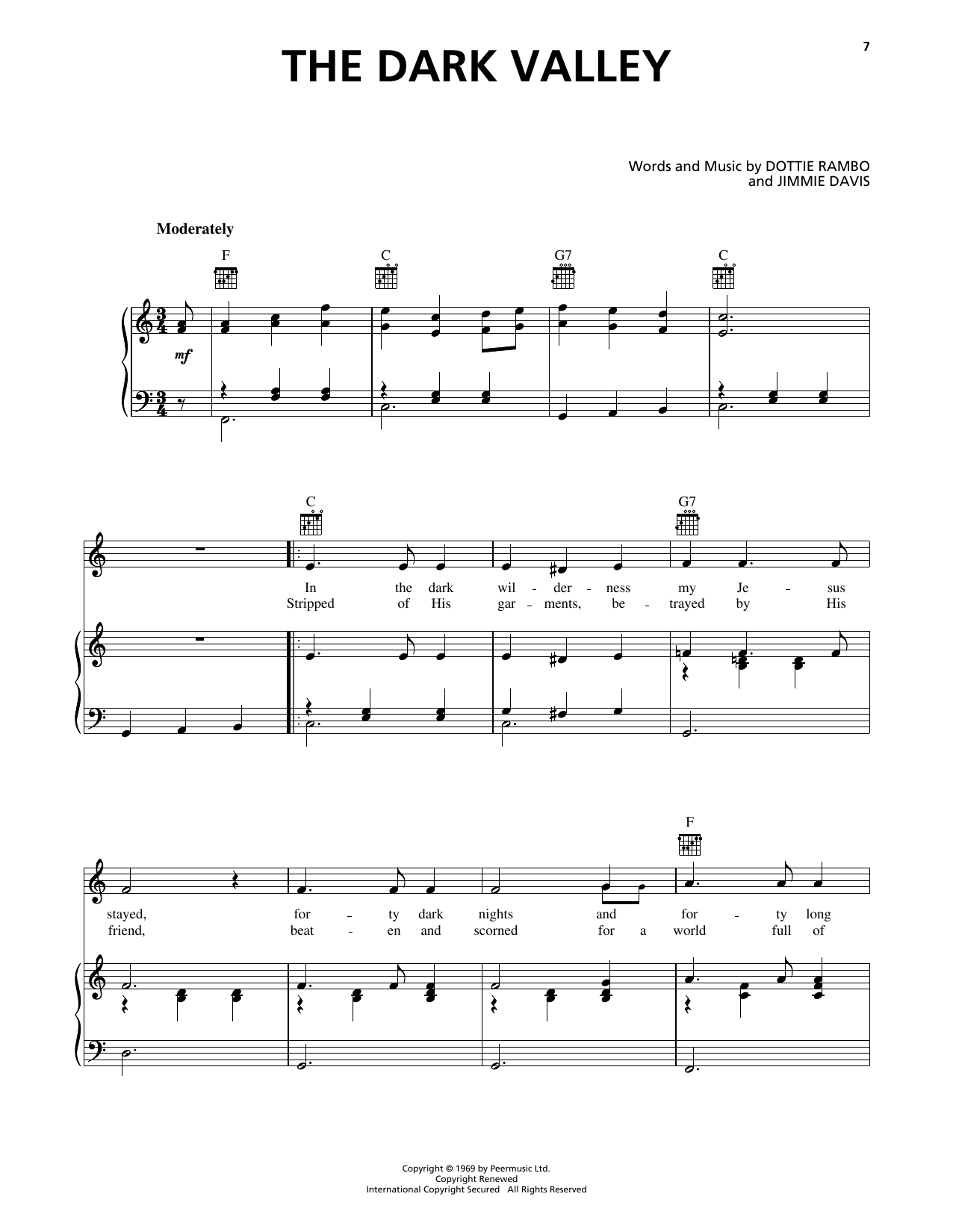 Download Jimmie Davis The Dark Valley Sheet Music and learn how to play Piano, Vocal & Guitar Chords (Right-Hand Melody) PDF digital score in minutes