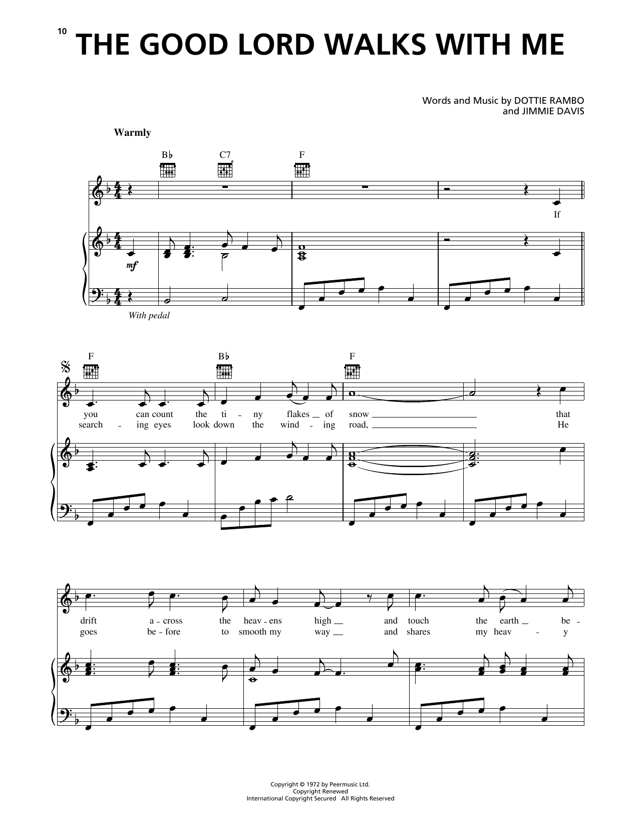 Download Jimmie Davis The Good Lord Walks With Me Sheet Music and learn how to play Piano, Vocal & Guitar Chords (Right-Hand Melody) PDF digital score in minutes