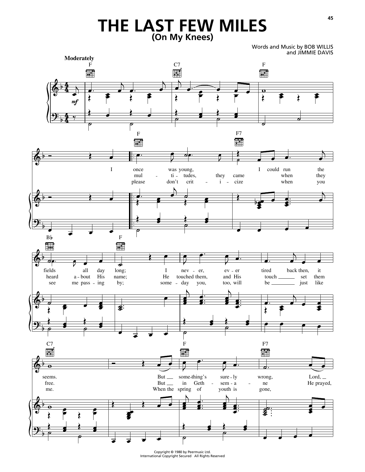 Download Jimmie Davis The Last Few Miles (On My Knees) Sheet Music and learn how to play Piano, Vocal & Guitar Chords (Right-Hand Melody) PDF digital score in minutes