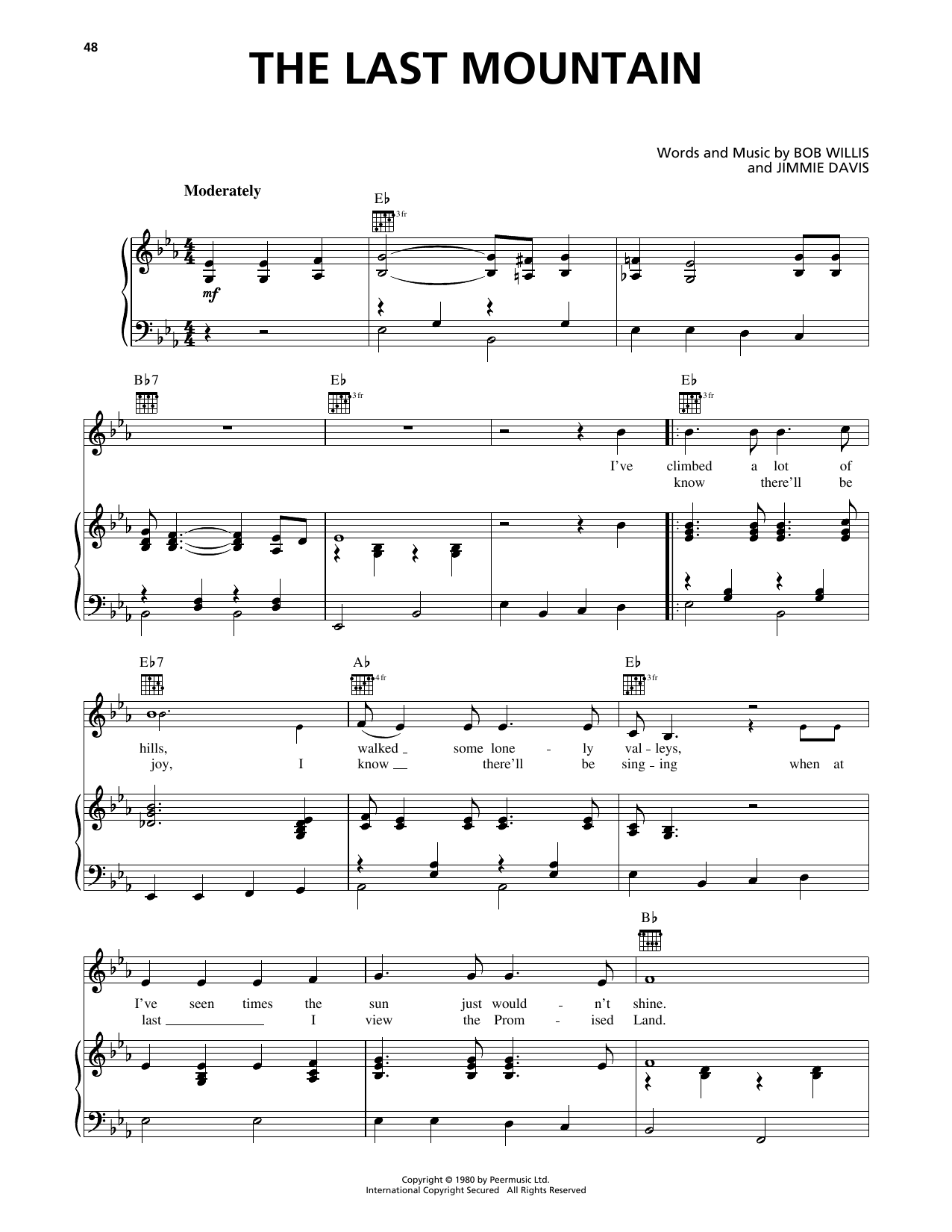 Download Jimmie Davis The Last Mountain Sheet Music and learn how to play Piano, Vocal & Guitar Chords (Right-Hand Melody) PDF digital score in minutes