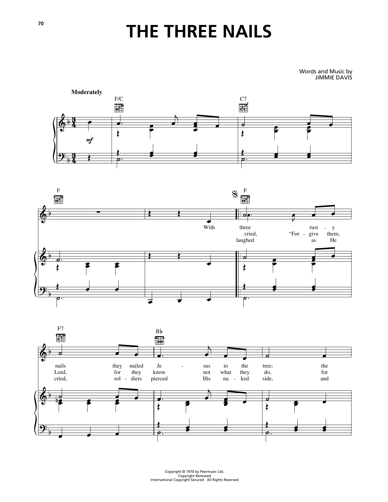 Download Jimmie Davis The Three Nails Sheet Music and learn how to play Piano, Vocal & Guitar Chords (Right-Hand Melody) PDF digital score in minutes