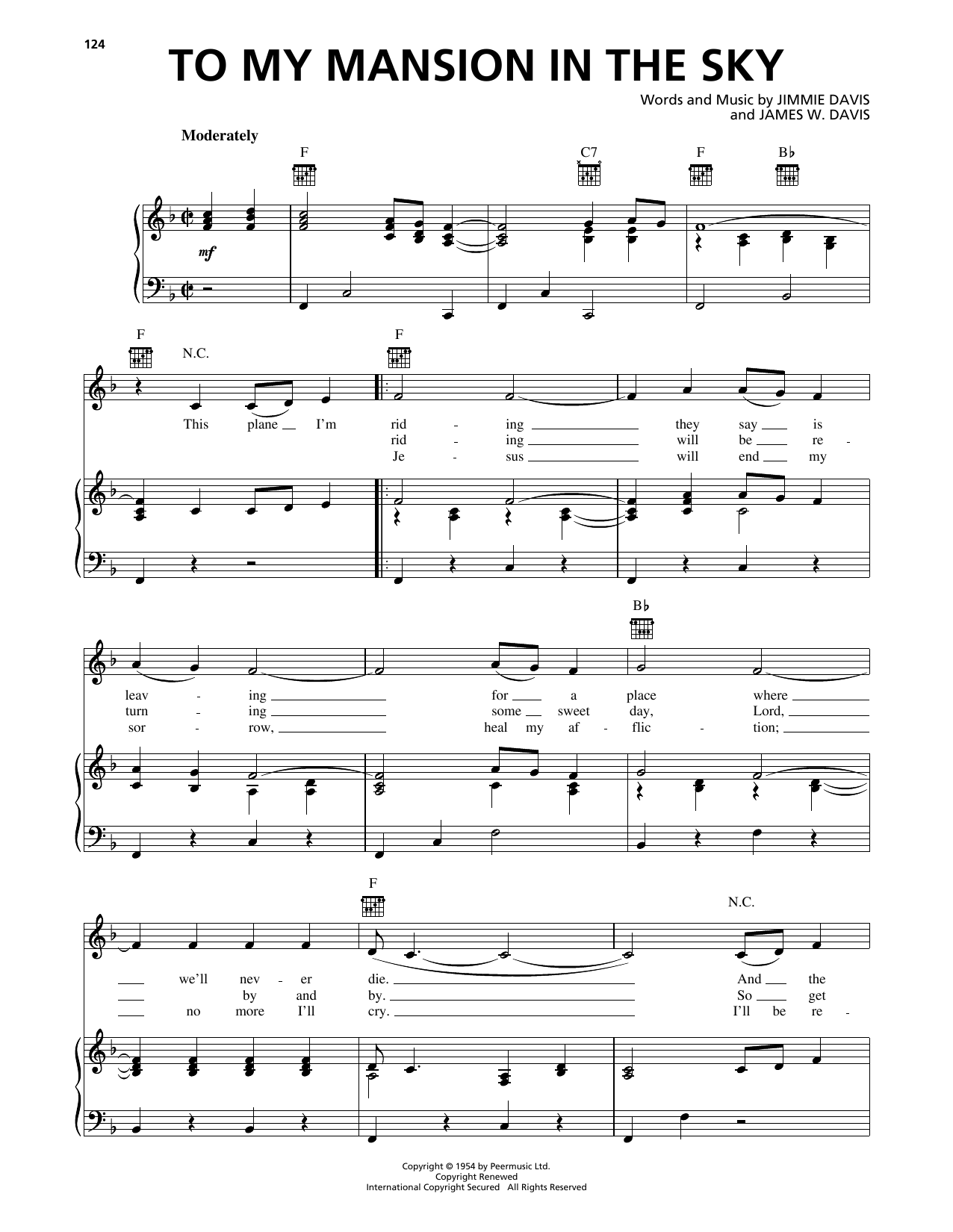 Download Jimmie Davis To My Mansion In The Sky Sheet Music and learn how to play Piano, Vocal & Guitar Chords (Right-Hand Melody) PDF digital score in minutes