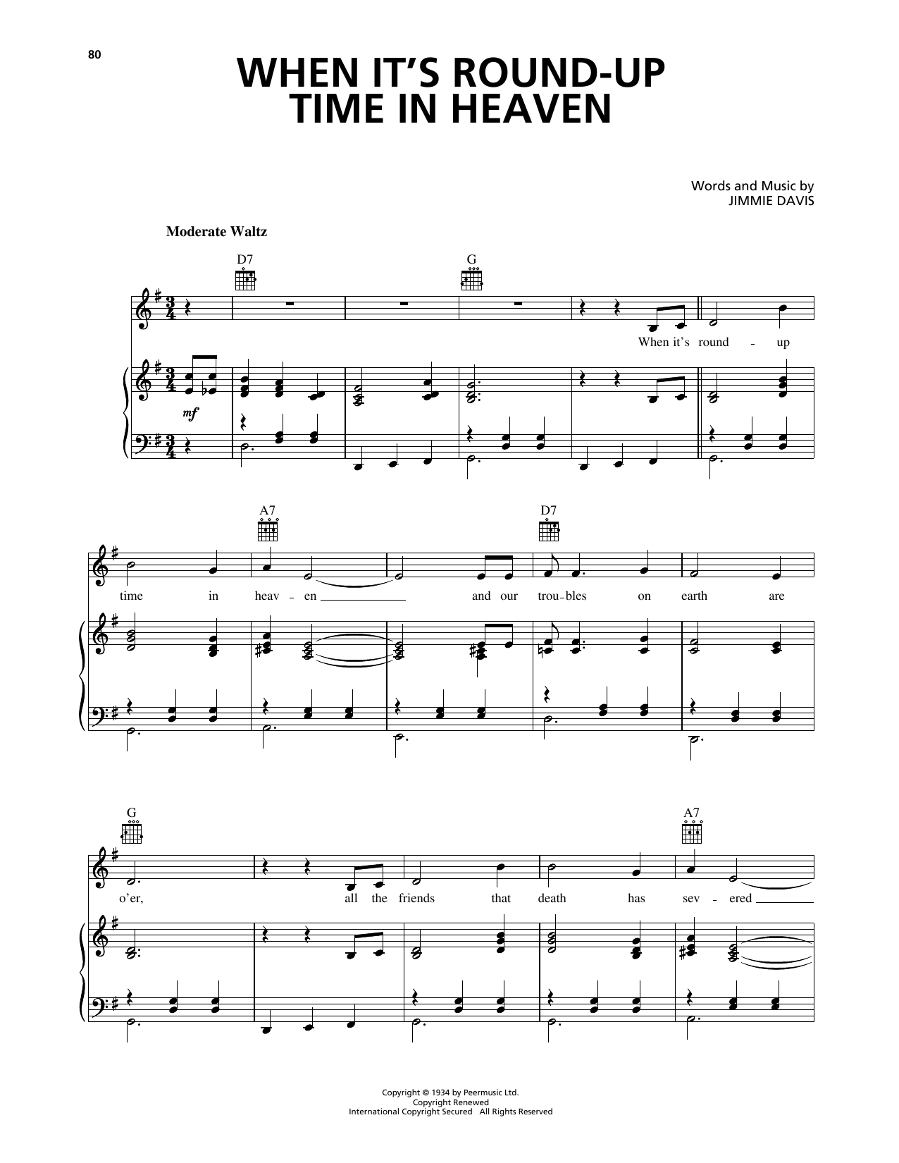 Download Jimmie Davis When It's Round-Up Time In Heaven Sheet Music and learn how to play Piano, Vocal & Guitar Chords (Right-Hand Melody) PDF digital score in minutes