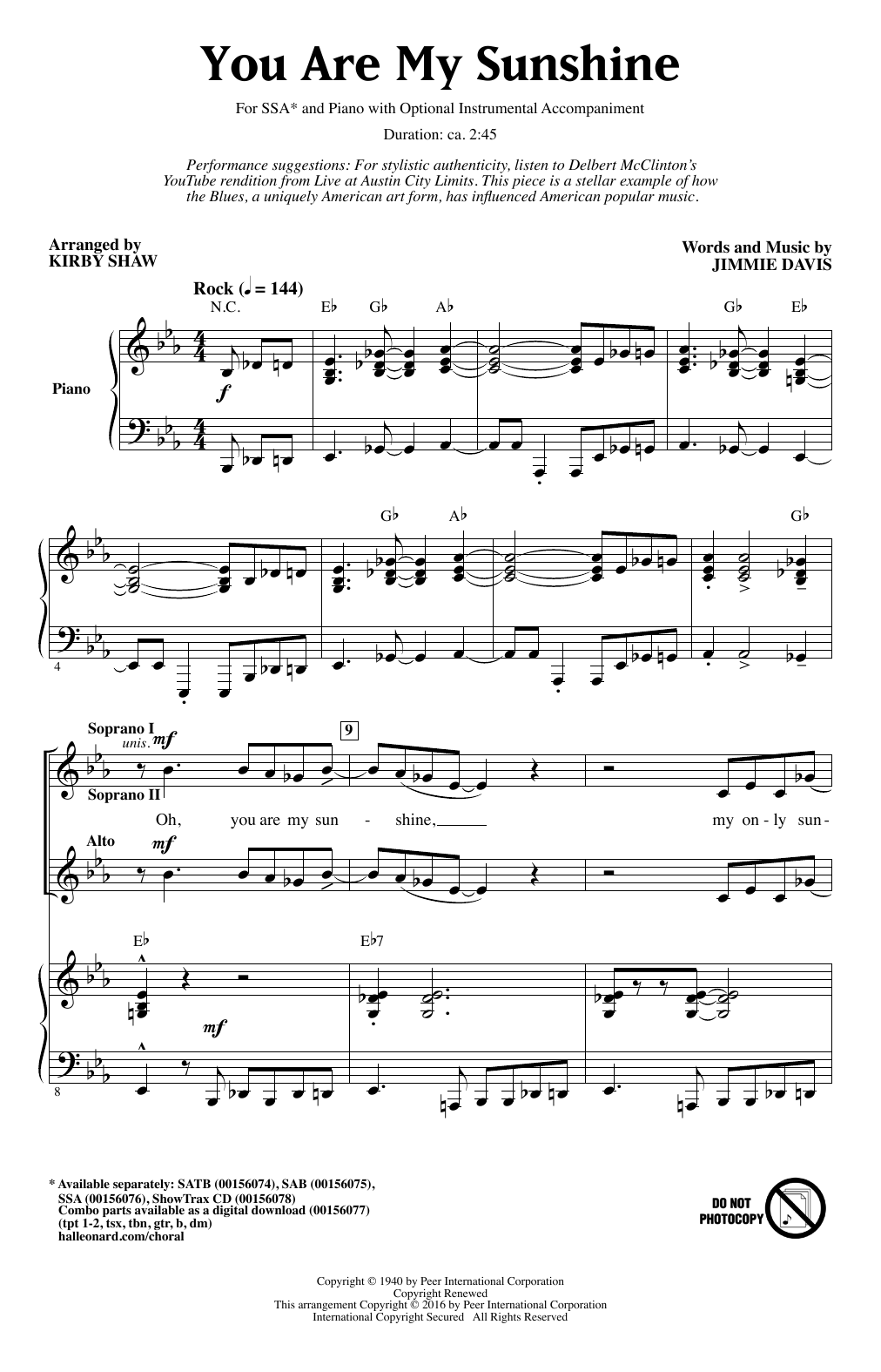 Download Jimmie Davis You Are My Sunshine (arr. Kirby Shaw) Sheet Music and learn how to play SATB Choir PDF digital score in minutes