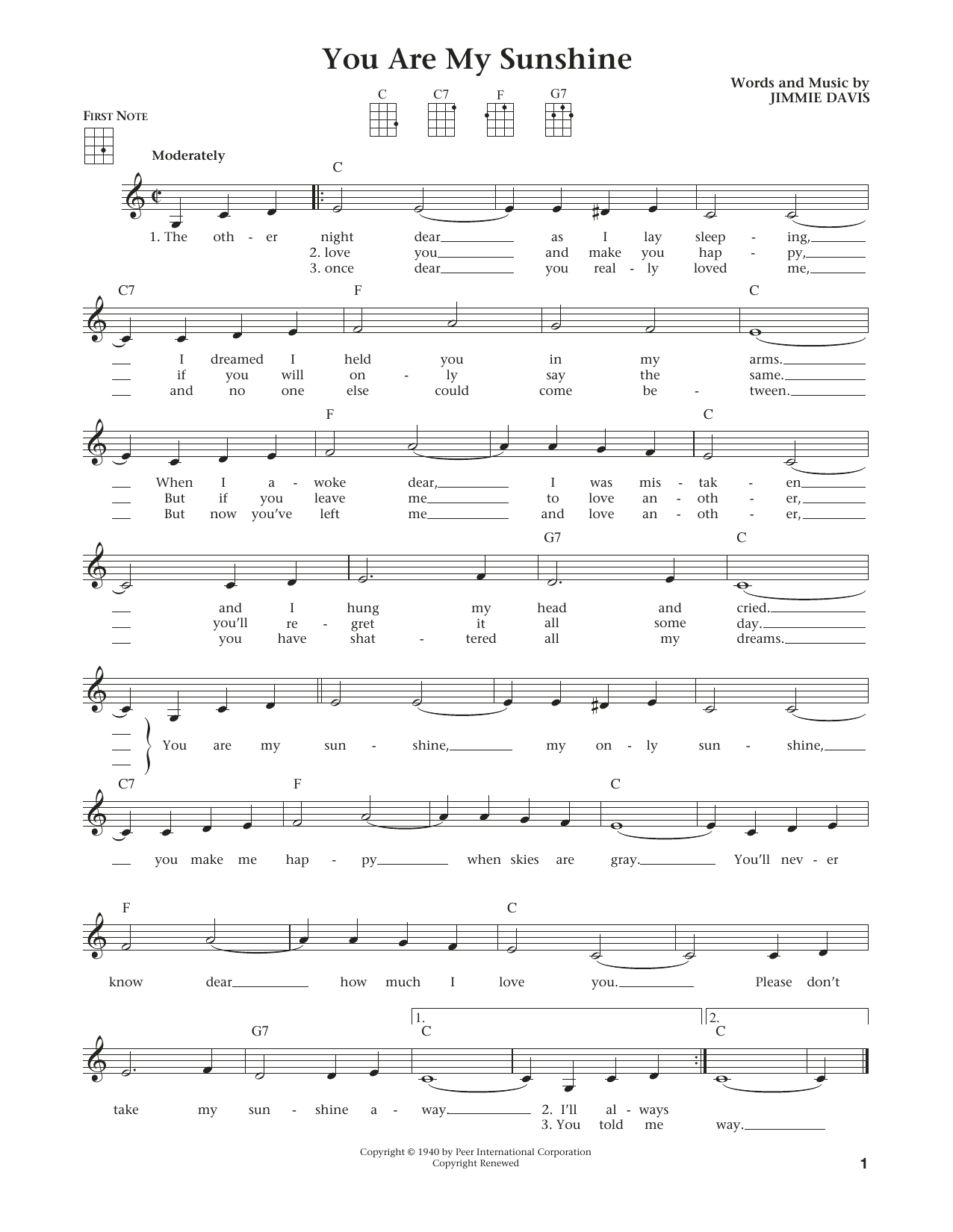 Download Jimmie Davis You Are My Sunshine Sheet Music and learn how to play Ukulele PDF digital score in minutes
