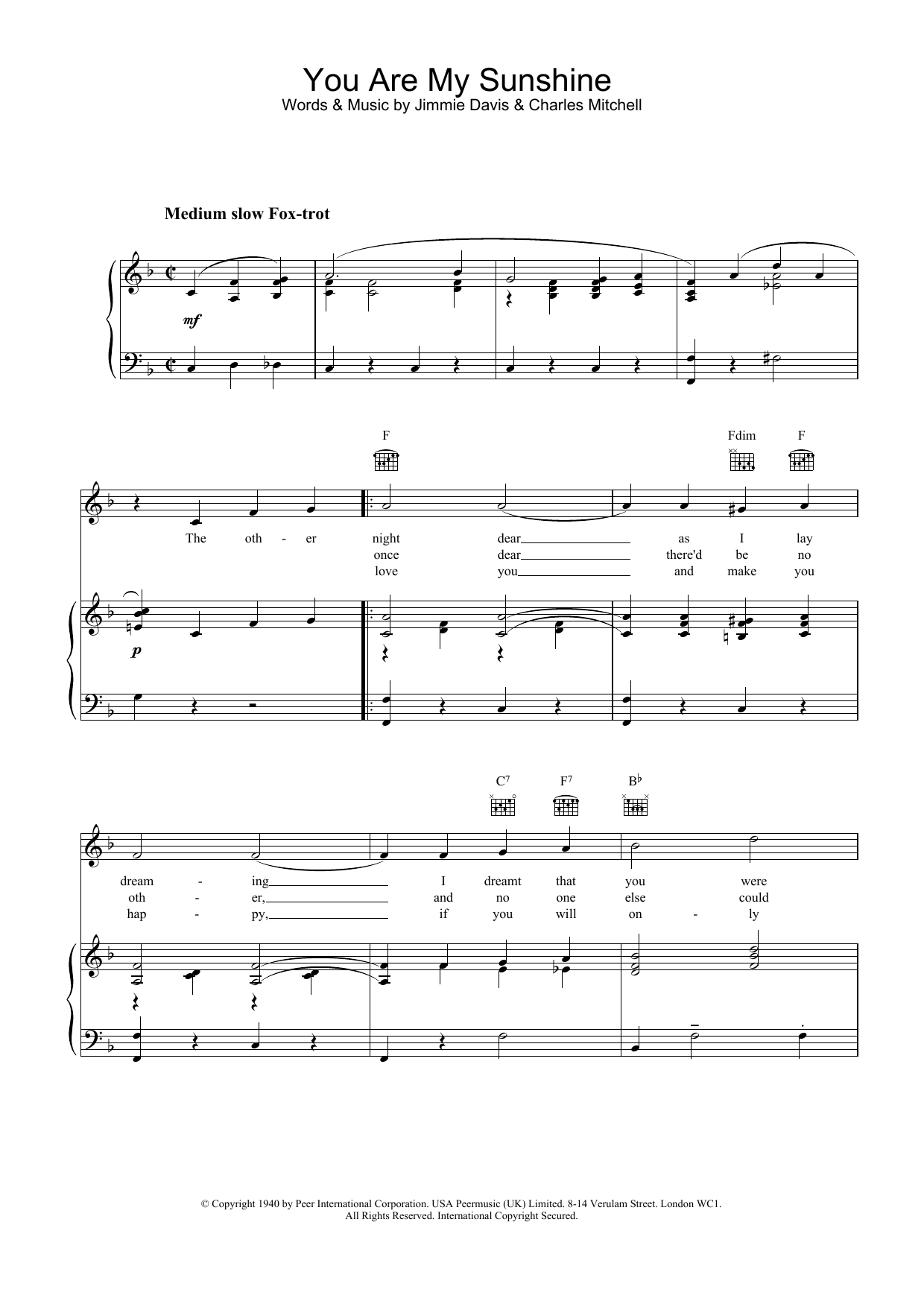 Download Jimmie Davis You Are My Sunshine Sheet Music and learn how to play Piano, Vocal & Guitar (Right-Hand Melody) PDF digital score in minutes