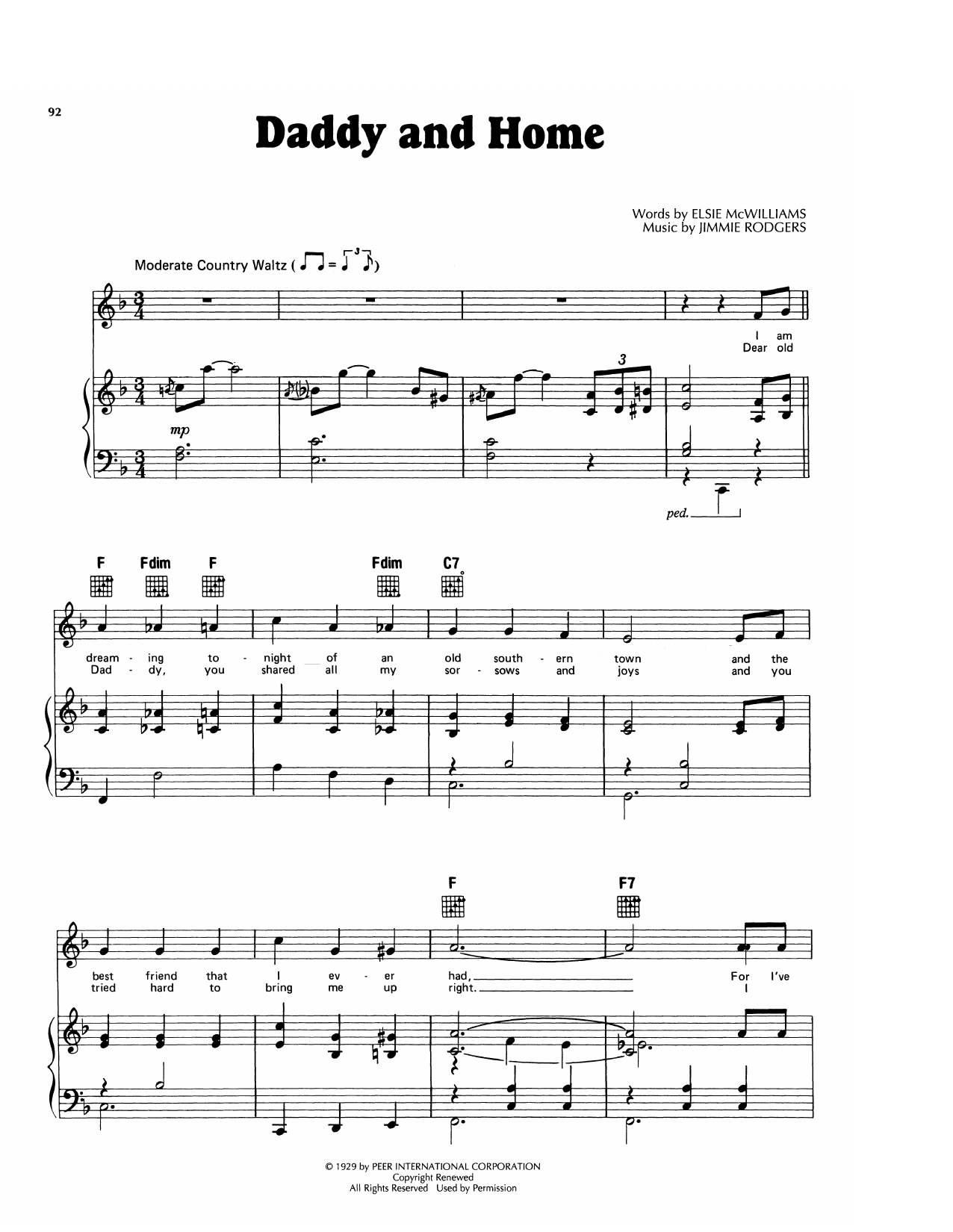 Download Jimmie Rodgers Daddy And Home Sheet Music and learn how to play Piano, Vocal & Guitar Chords (Right-Hand Melody) PDF digital score in minutes