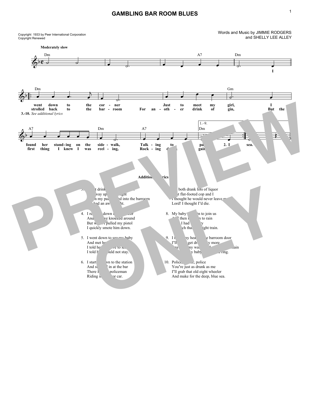 Download Jimmie Rodgers Gambling Bar Room Blues Sheet Music and learn how to play Lead Sheet / Fake Book PDF digital score in minutes