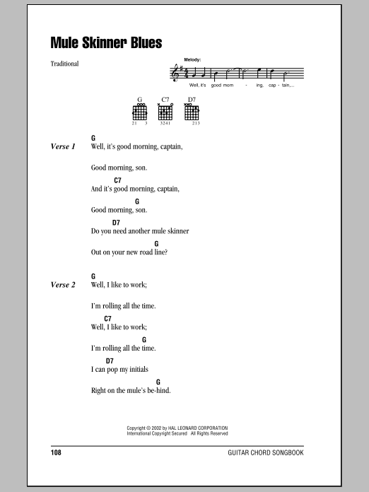 Download Jimmie Rodgers Mule Skinner Blues Sheet Music and learn how to play Melody Line, Lyrics & Chords PDF digital score in minutes