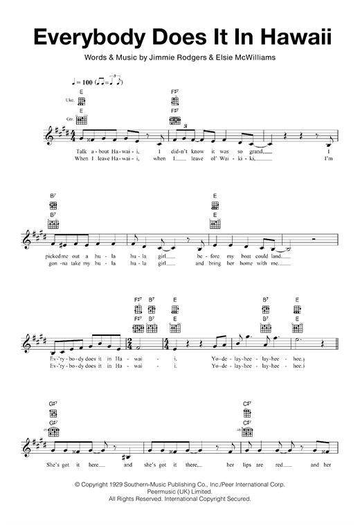 Download Jimmie Rodgers Everybody Does It In Hawaii Sheet Music and learn how to play Ukulele PDF digital score in minutes