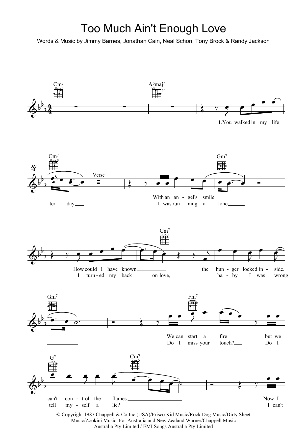 Download Jimmy Barnes Too Much Ain't Enough Love Sheet Music and learn how to play Melody Line, Lyrics & Chords PDF digital score in minutes