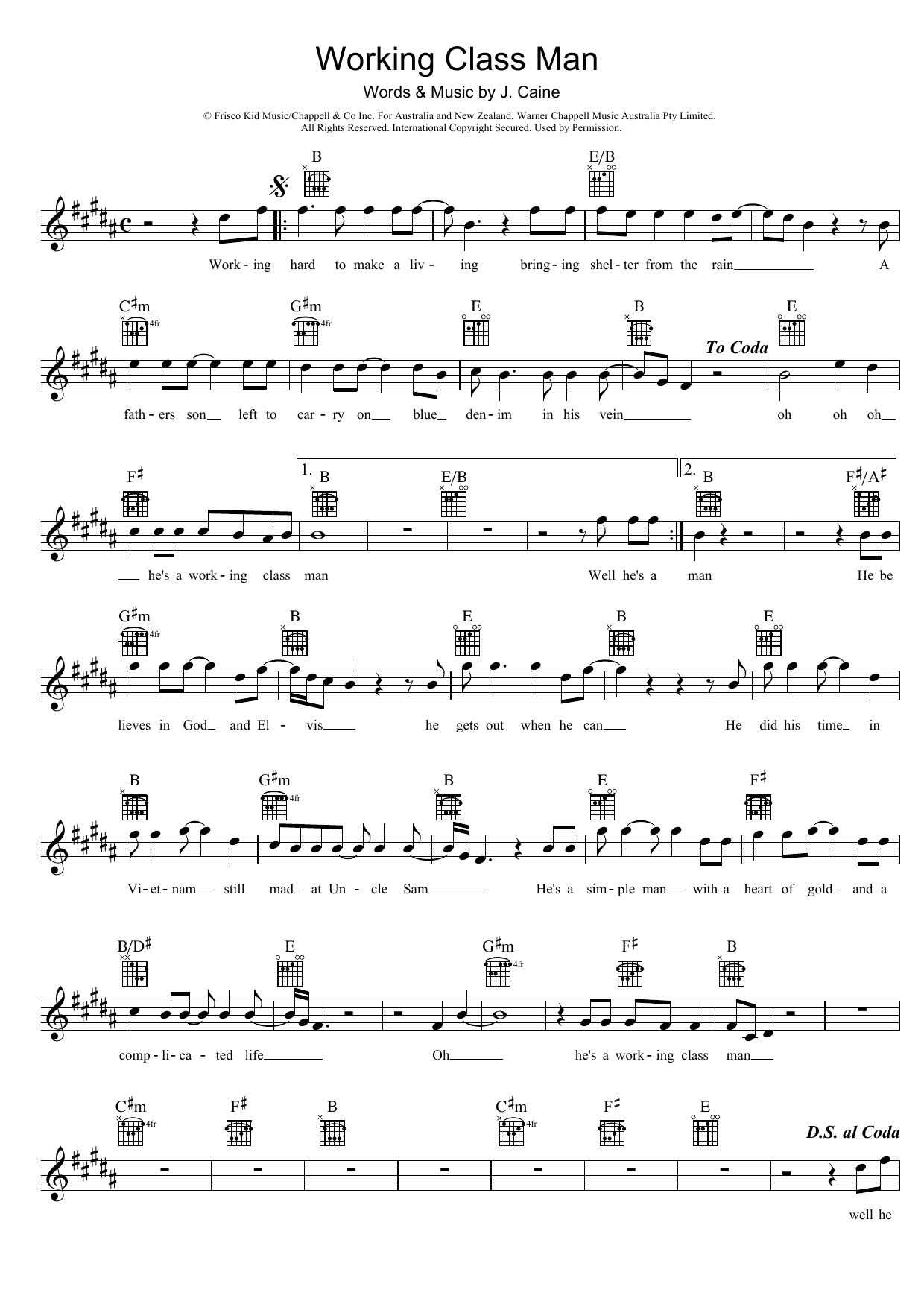 Download Jimmy Barnes Working Class Man Sheet Music and learn how to play Melody Line, Lyrics & Chords PDF digital score in minutes