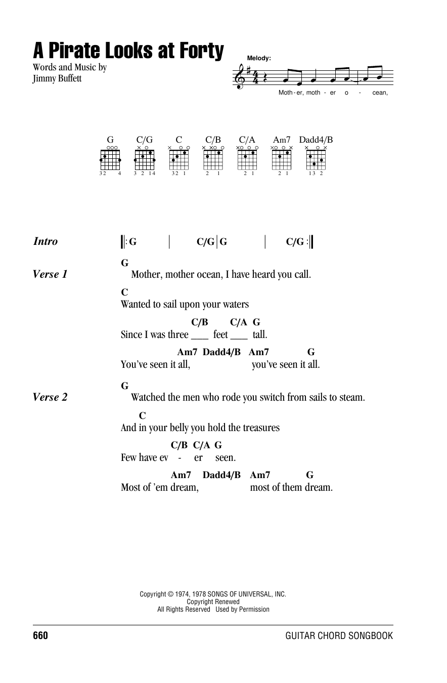 Download Jimmy Buffett A Pirate Looks At Forty Sheet Music and learn how to play Lyrics & Chords PDF digital score in minutes