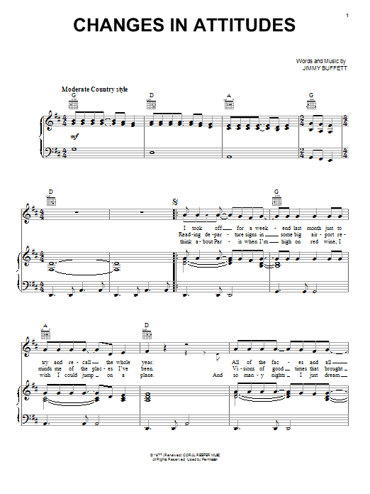 Download Jimmy Buffett Changes In Attitudes Sheet Music and learn how to play Piano, Vocal & Guitar (Right-Hand Melody) PDF digital score in minutes