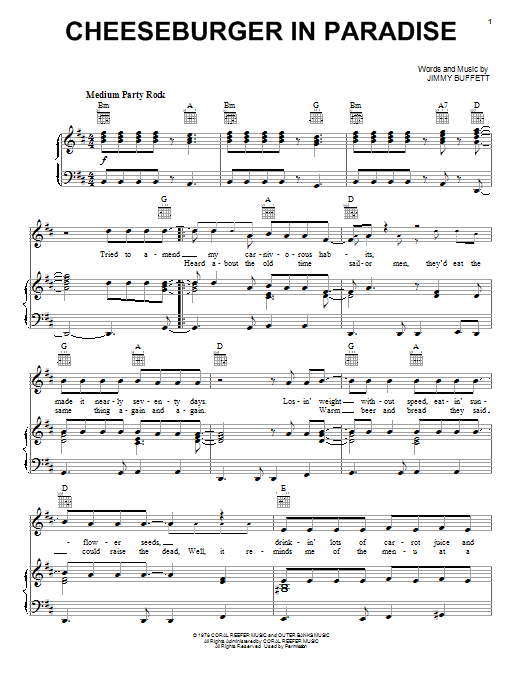 Download Jimmy Buffett Cheeseburger In Paradise Sheet Music and learn how to play Piano, Vocal & Guitar (Right-Hand Melody) PDF digital score in minutes