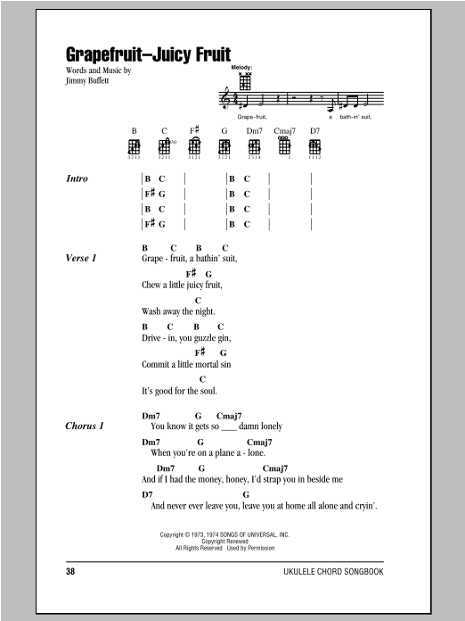 Download Jimmy Buffett Grapefruit-Juicy Fruit Sheet Music and learn how to play Ukulele with strumming patterns PDF digital score in minutes