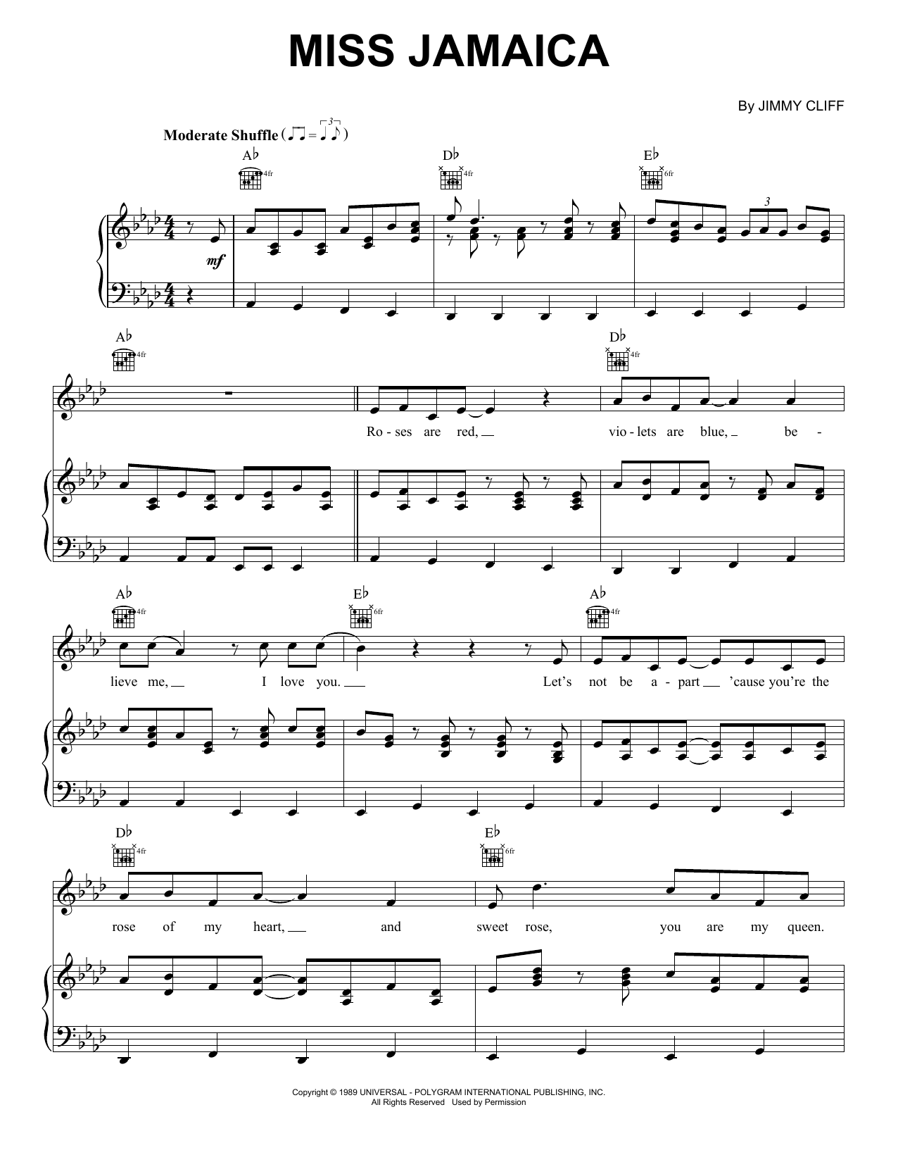 Download Jimmy Cliff Miss Jamaica Sheet Music and learn how to play Piano, Vocal & Guitar Chords (Right-Hand Melody) PDF digital score in minutes