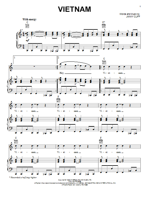 Download Jimmy Cliff Vietnam Sheet Music and learn how to play Piano, Vocal & Guitar (Right-Hand Melody) PDF digital score in minutes