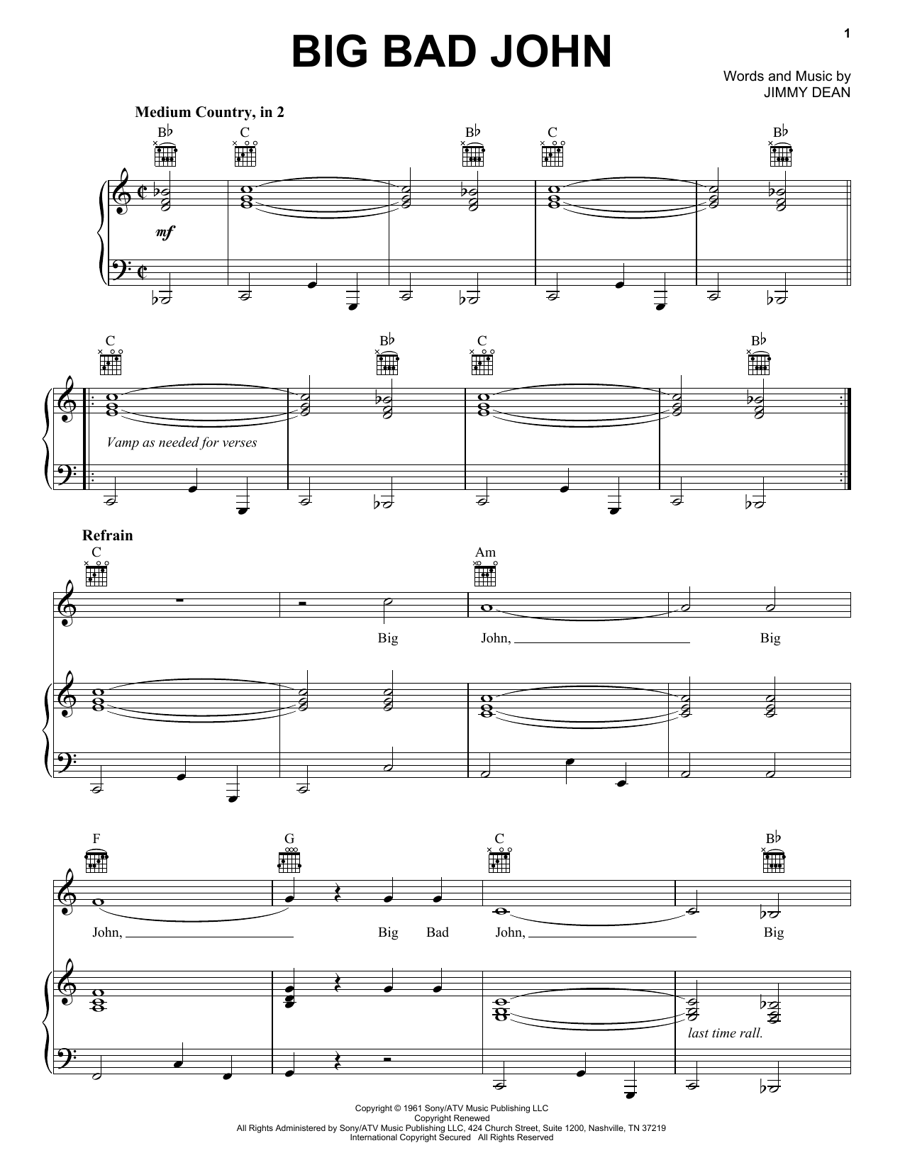 Download Jimmy Dean Big Bad John Sheet Music and learn how to play Melody Line, Lyrics & Chords PDF digital score in minutes