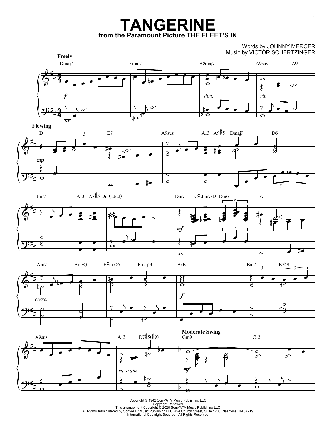 Download Jimmy Dorsey & His Orchestra Tangerine [Jazz version] (arr. Brent Edstrom) Sheet Music and learn how to play Piano Solo PDF digital score in minutes