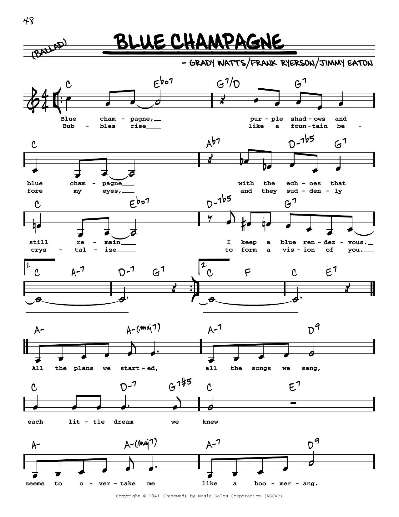 Download Jimmy Dorsey Blue Champagne (Low Voice) Sheet Music and learn how to play Real Book – Melody, Lyrics & Chords PDF digital score in minutes