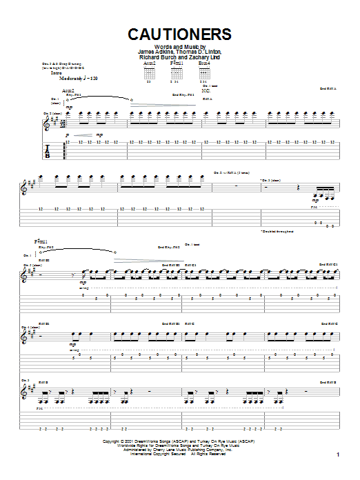 Download Jimmy Eat World Cautioners Sheet Music and learn how to play Guitar Tab PDF digital score in minutes