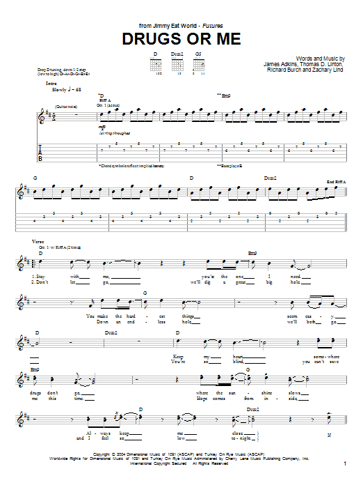 Download Jimmy Eat World Drugs Or Me Sheet Music and learn how to play Guitar Tab PDF digital score in minutes