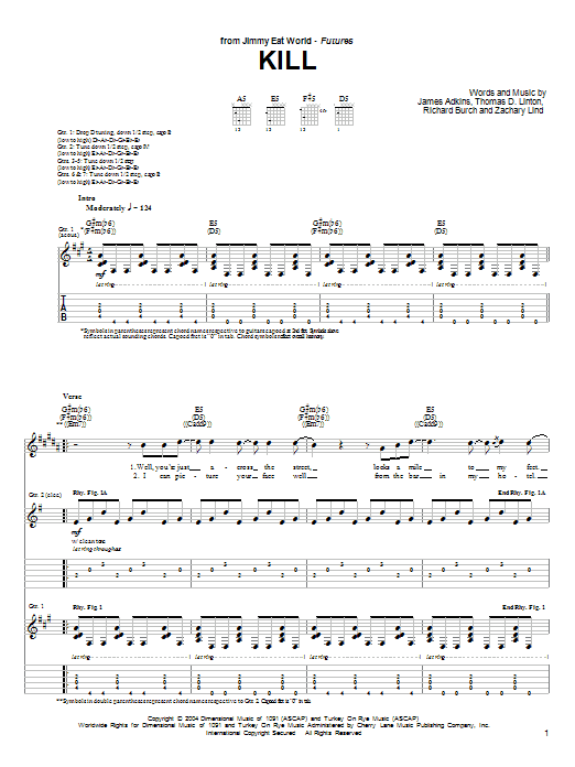 Download Jimmy Eat World Kill Sheet Music and learn how to play Guitar Tab PDF digital score in minutes