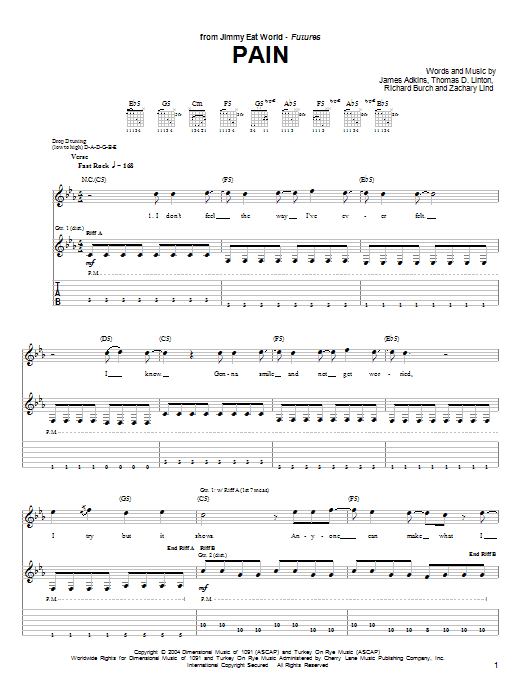 Download Jimmy Eat World Pain Sheet Music and learn how to play Guitar Tab PDF digital score in minutes