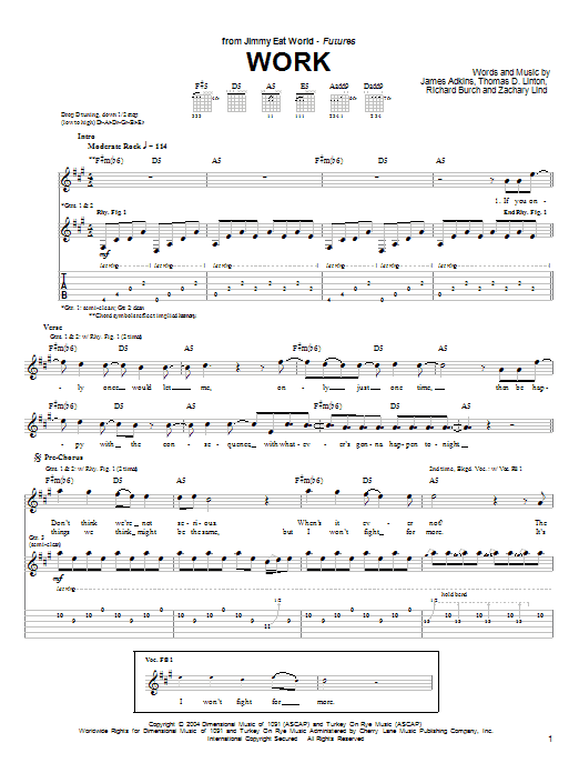 Download Jimmy Eat World Work Sheet Music and learn how to play Guitar Tab PDF digital score in minutes