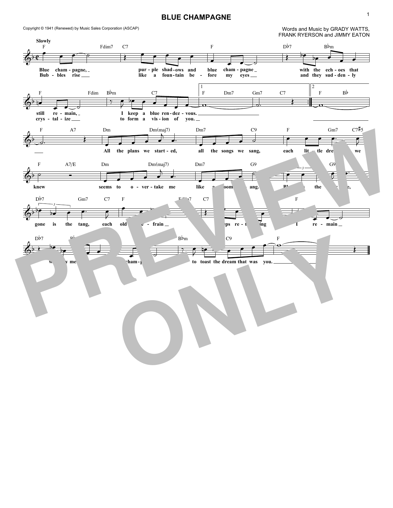Download Jimmy Eaton Blue Champagne Sheet Music and learn how to play Melody Line, Lyrics & Chords PDF digital score in minutes